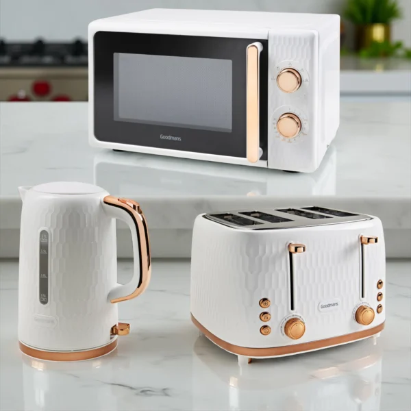 Goodmans Kitchen Set Microwave Toaster & Kettle White, Rose Gold Honeycomb Set