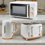 Goodmans Kitchen Set Microwave Toaster & Kettle White, Rose Gold Honeycomb Set